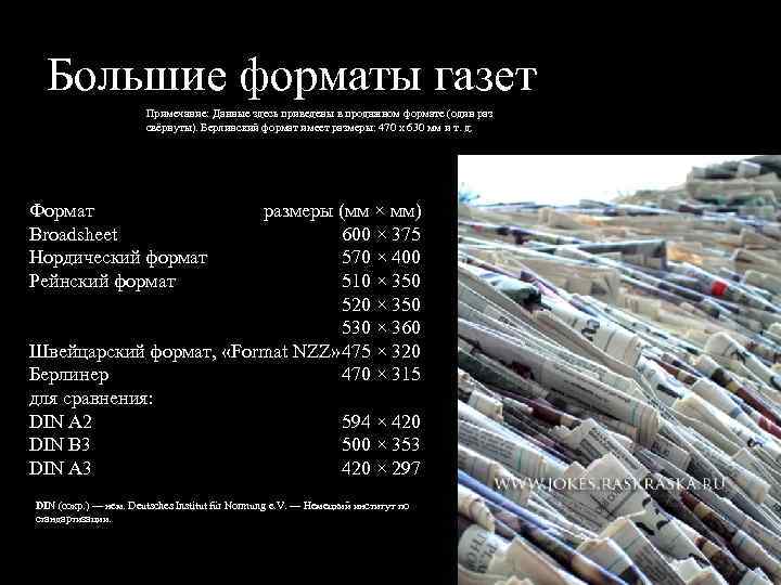 Большие форматы газет Примечание: Данные здесь приведены в продажном формате (один раз свёрнуты). Берлинский