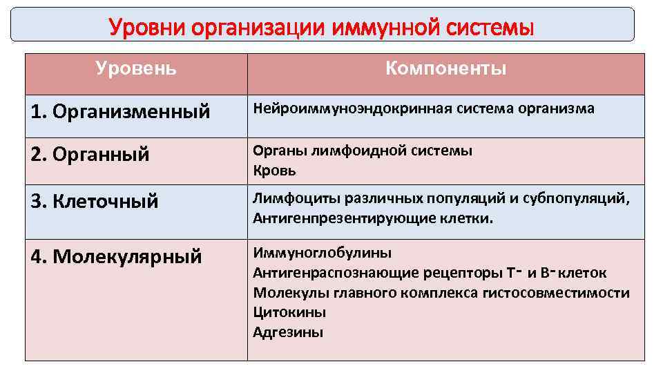 Уровни организации иммунной системы Уровень Компоненты 1. Организменный Нейроиммуноэндокринная система организма 2. Органный Органы