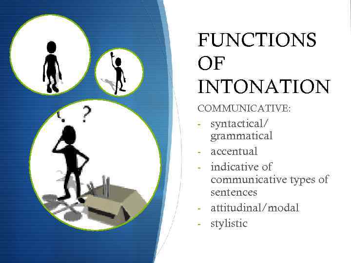 FUNCTIONS OF INTONATION COMMUNICATIVE: - syntactical/ - - grammatical accentual indicative of communicative types