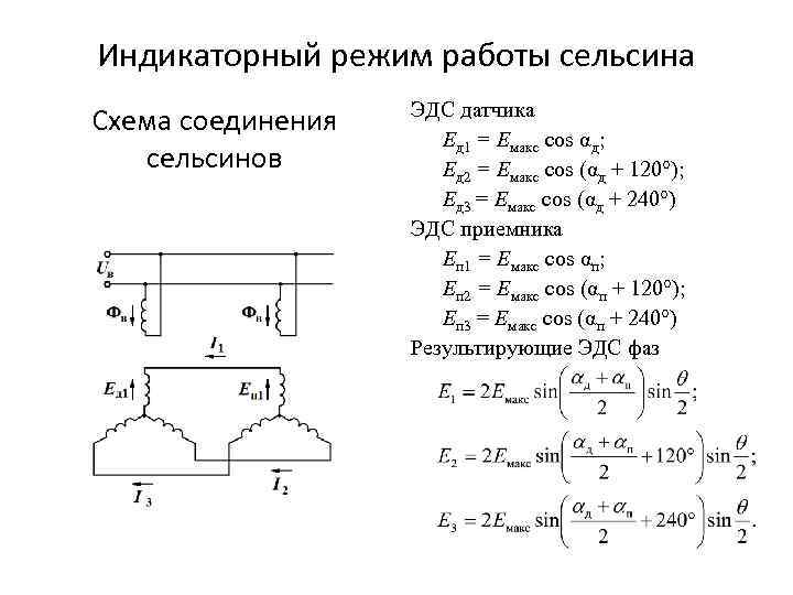 Индикаторный режим работы сельсина Схема соединения сельсинов ЭДС датчика Ед 1 = Емакс cos