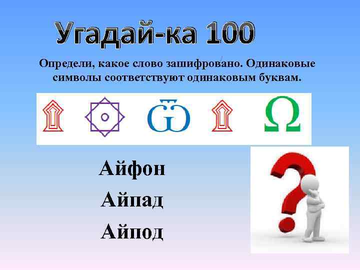 Угадай-ка 100 Определи, какое слово зашифровано. Одинаковые символы соответствуют одинаковым буквам. Айфон Айпад Айпод