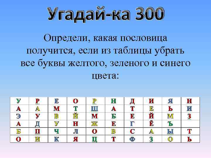 Угадай-ка 300 Определи, какая пословица получится, если из таблицы убрать все буквы желтого, зеленого