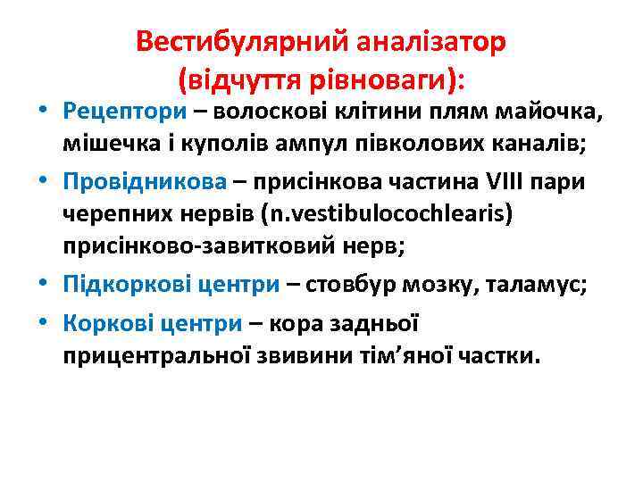Вестибулярний аналізатор (відчуття рівноваги): • Рецептори – волоскові клітини плям майочка, мішечка і куполів