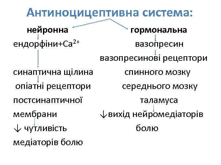 Антиноцицептивна система: нейронна ендорфіни+Са 2+ гормональна вазопресинові рецептори синаптична щілина спинного мозку опіатні рецептори