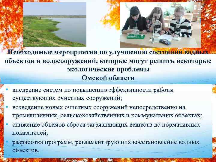 Необходимые мероприятия по улучшению состояния водных объектов и водосооружений, которые могут решить некоторые экологические
