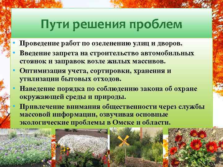 Пути решения проблем • Проведение работ по озеленению улиц и дворов. • Введение запрета