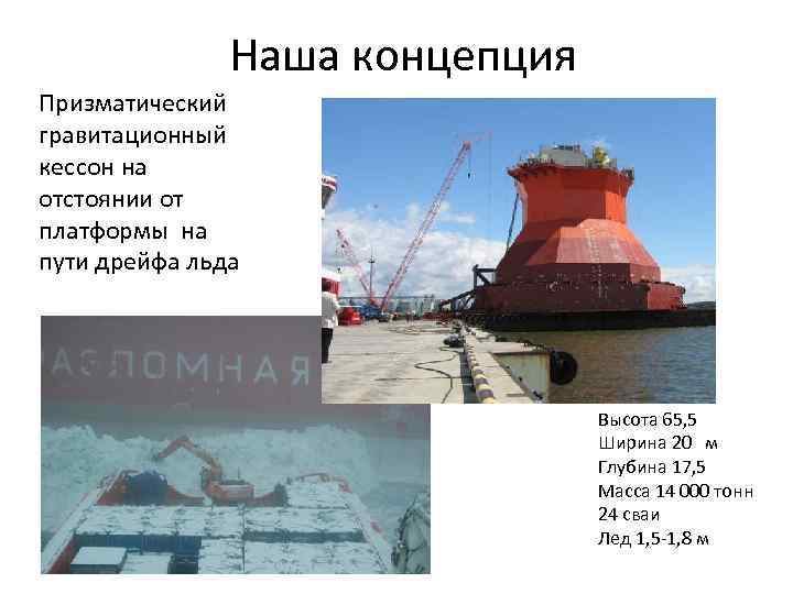 Наша концепция Призматический гравитационный кессон на отстоянии от платформы на пути дрейфа льда Высота