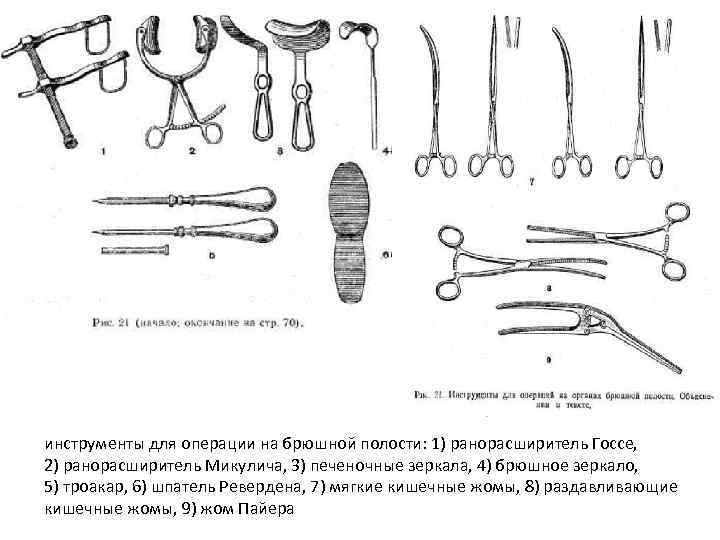 инструменты для операции на брюшной полости: 1) ранорасширитель Госсе, 2) ранорасширитель Микулича, 3) печеночные