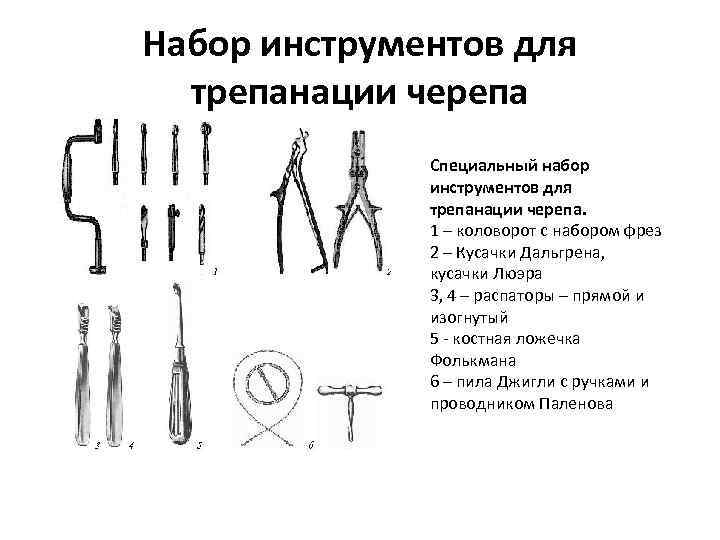Набор инструментов для трепанации черепа Специальный набор инструментов для трепанации черепа. 1 – коловорот