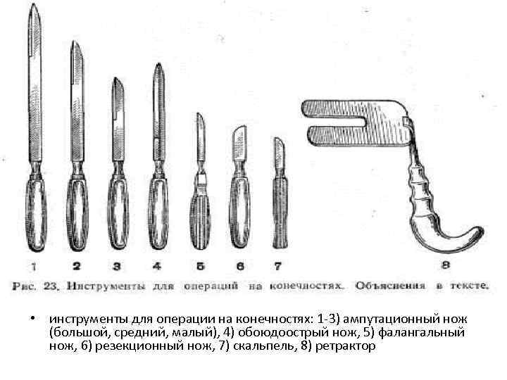  • инструменты для операции на конечностях: 1 -3) ампутационный нож (большой, средний, малый),