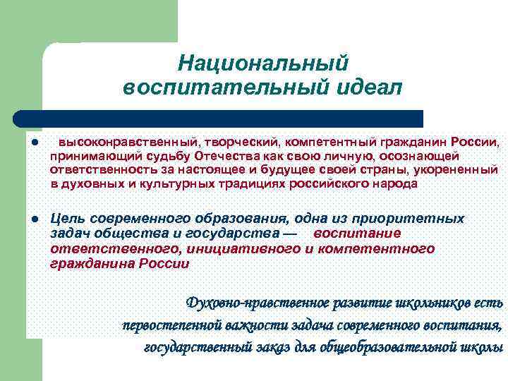 Национальный воспитательный идеал l высоконравственный, творческий, компетентный гражданин России, принимающий судьбу Отечества как свою