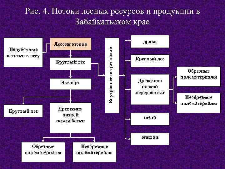 Рис. 4. Потоки лесных ресурсов и продукции в Забайкальском крае Круглый лес Экспорт Круглый