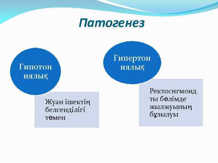 Патогенез Гипотон иялық Жуан ішектің белсенділігі төмен Гипертон иялық Ректосигмоид ты бөлімде жылжуының бұзылуы