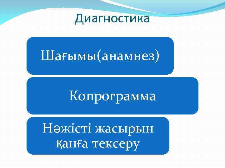 Диагностика Шағымы(анамнез) Копрограмма Нәжісті жасырын қанға тексеру 