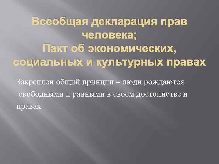 Всеобщая декларация прав человека; Пакт об экономических, социальных и культурных правах Закреплен общий принцип