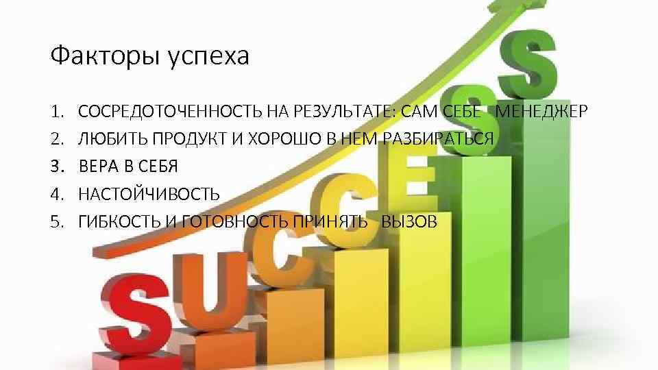 Факторы успеха 1. 2. 3. 4. 5. СОСРЕДОТОЧЕННОСТЬ НА РЕЗУЛЬТАТЕ: САМ СЕБЕ МЕНЕДЖЕР ЛЮБИТЬ