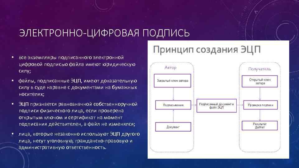 ЭЛЕКТРОННО-ЦИФРОВАЯ ПОДПИСЬ • все экземпляры подписанного электронной цифровой подписью файла имеют юридическую силу; •