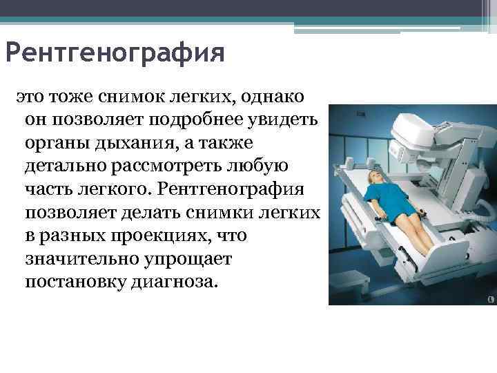 Рентгенография это тоже снимок легких, однако он позволяет подробнее увидеть органы дыхания, а также
