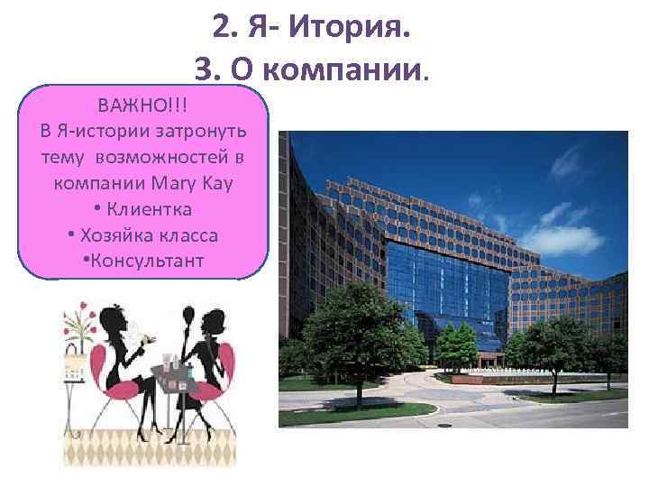 2. Я- Итория. 3. О компании. ВАЖНО!!! В Я-истории затронуть тему возможностей в компании