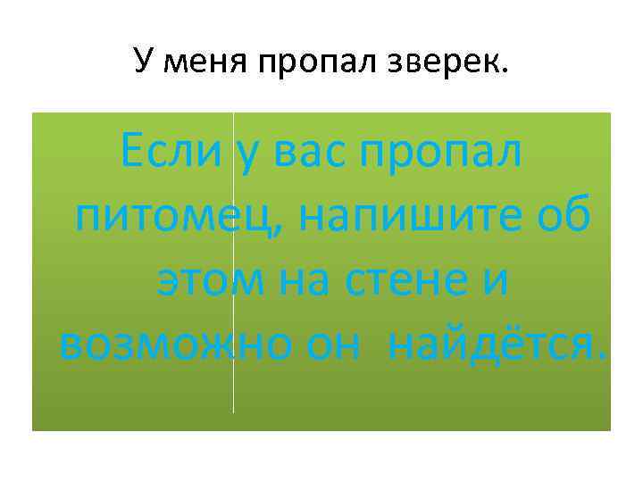 У меня пропал зверек. Если у вас пропал питомец, напишите об этом на стене