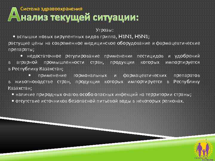 Анализ текущей ситуации: Система здравоохранения Угрозы: • вспышки новых вирулентных видов гриппа, H 1