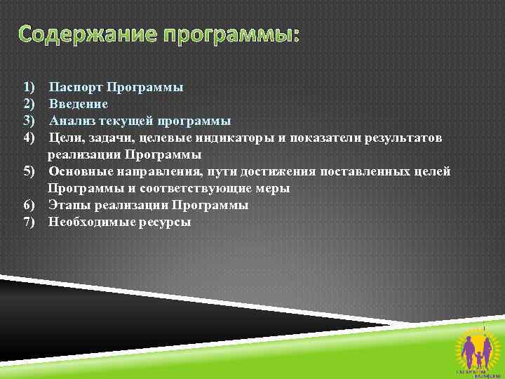 Содержание программы: 1) 2) 3) 4) Паспорт Программы Введение Анализ текущей программы Цели, задачи,