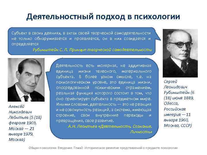 Деятельностный подход в психологии Субъект в своих деяниях, в актах своей творческой самодеятельности не