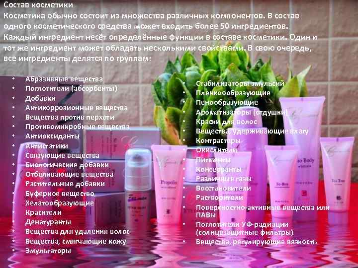Состав косметики Косметика обычно состоит из множества различных компонентов. В состав одного косметического средства