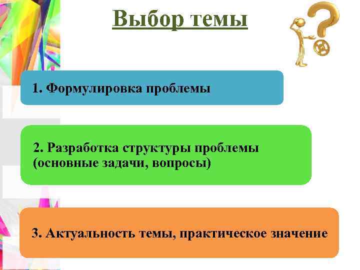 Выбор темы 1. Формулировка проблемы 2. Разработка структуры проблемы (основные задачи, вопросы) 3. Актуальность