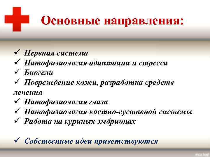 Основные направления: ü Нервная система ü Патофизиология адаптации и стресса ü Биогели ü Повреждение