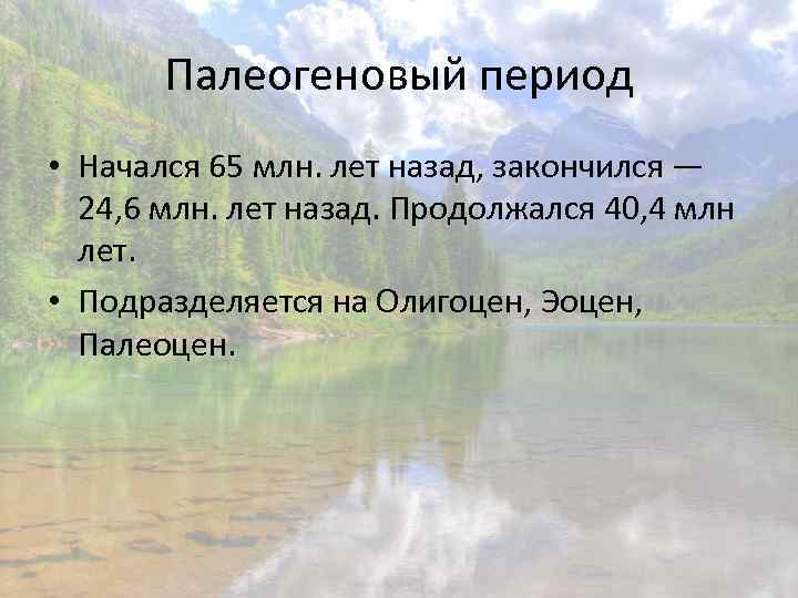 Палеогеновый период • Начался 65 млн. лет назад, закончился — 24, 6 млн. лет