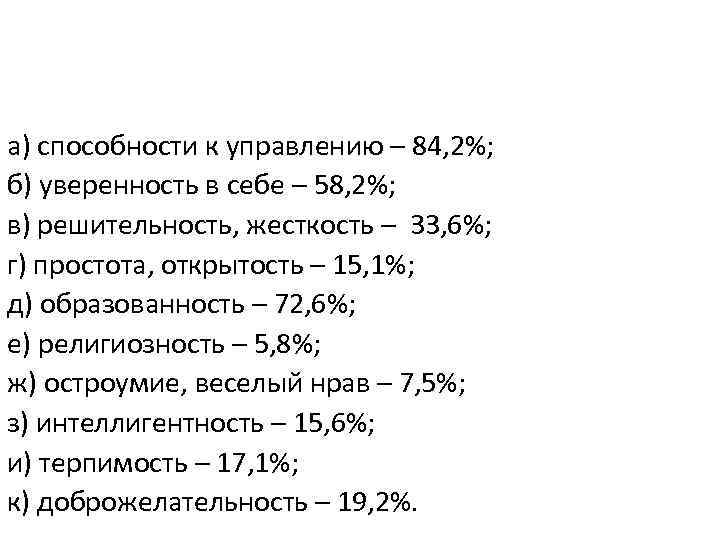 а) способности к управлению – 84, 2%; б) уверенность в себе – 58, 2%;