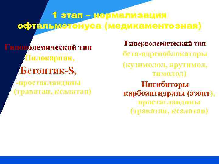 1 этап – нормализация офтальмотонуса (медикаментозная) Гиповолемический тип -Пилокарпин, Бетоптик-S, -простагландины (траватан, ксалатан) Гиперволемический