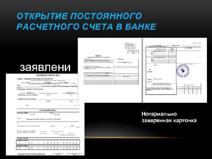 ОТКРЫТИЕ ПОСТОЯННОГО РАСЧЕТНОГО СЧЕТА В БАНКЕ заявлени е Нотариально заверенная карточка 