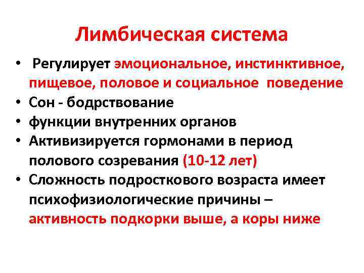 Лимбическая система • Регулирует эмоциональное, инстинктивное, пищевое, половое и социальное поведение • Сон -