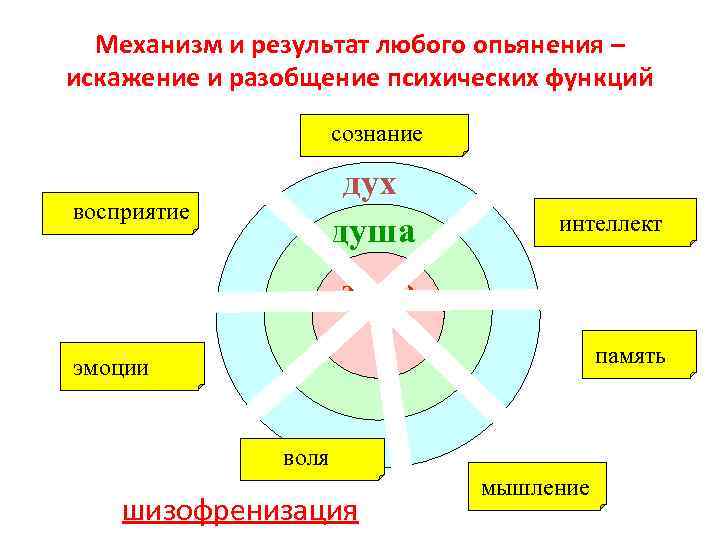 Механизм и результат любого опьянения – искажение и разобщение психических функций сознание дух душа