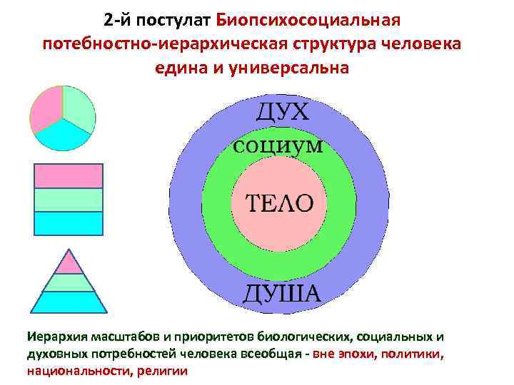 2 -й постулат Биопсихосоциальная потебностно-иерархическая структура человека едина и универсальна Иерархия масштабов и приоритетов