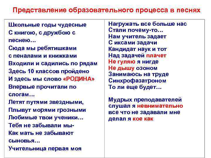 Представление образовательного процесса в песнях Школьные годы чудесные Нагружать все больше нас Стали почему-то…