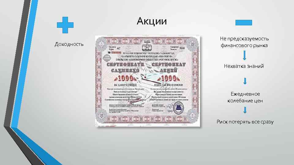 Акции Доходность Не предсказуемость финансового рынка Нехватка знаний Ежедневное колебание цен Риск потерять все