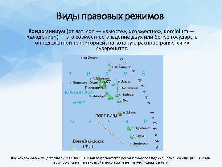 Виды правовых режимов Кондоминиум (от лат. con — «вместе» , «совместно» , dominium —
