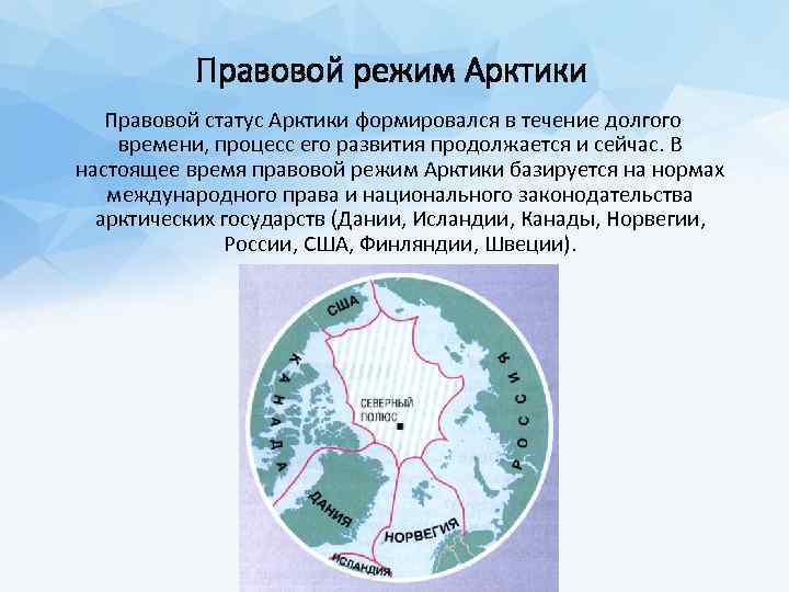 Правовой режим Арктики Правовой статус Арктики формировался в течение долгого времени, процесс его развития