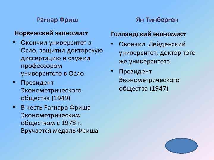 Рагнар Фриш Ян Тинберген Норвежский экономист Голландский экономист • Окончил университет в • Окончил