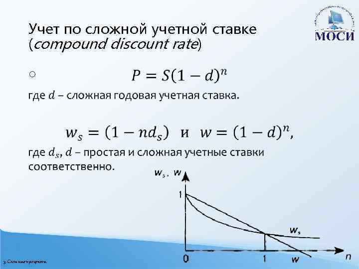 Учет по сложной учетной ставке (compound discount rate) o 3. Сложные проценты 