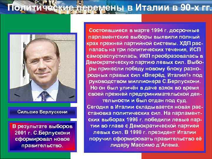 Политические перемены в Италии в 90 -х гг. Сильвио Берлускони В результате выборов 2001