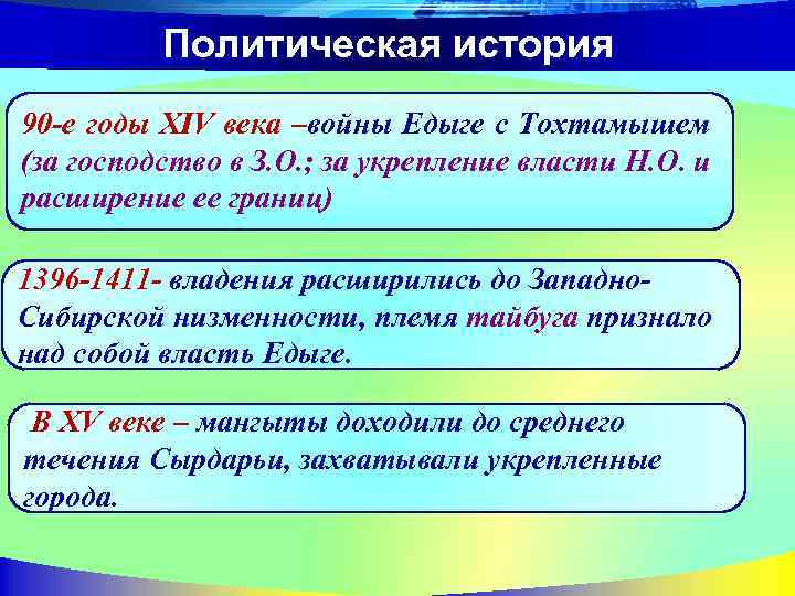 Политическая история 90 -е годы XIV века –войны Едыге с Тохтамышем (за господство в