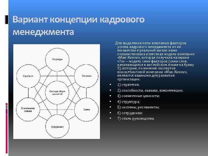 Вариант концепции кадрового менеджмента Для выделения пяти ключевых факторов успеха кадрового менеджмента из их