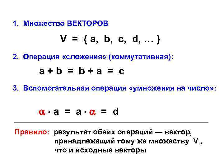 1. Множество ВЕКТОРОВ V = { a, b, c, d, … } 2. Операция