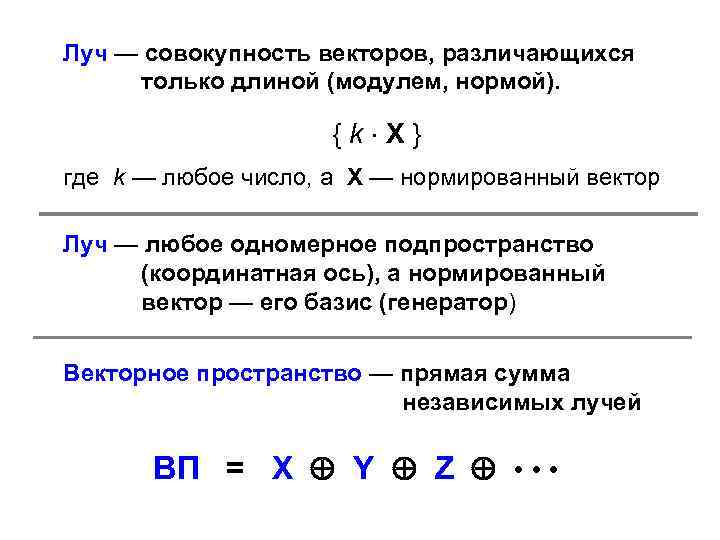 Луч — совокупность векторов, различающихся только длиной (модулем, нормой). {k X} где k —