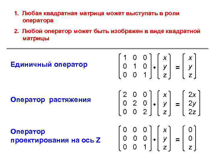 1. Любая квадратная матрица может выступать в роли оператора 2. Любой оператор может быть