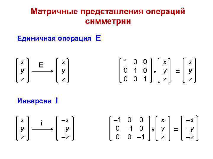Матричные представления операций симметрии Единичная операция E x y z Е x y z